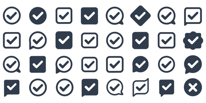 Check tick mark icon set, cross box X and check mark checkbox V symbols, hand drawn sketch doodle brush marker style, checklist icons, wrong and right circle signs, editable vector