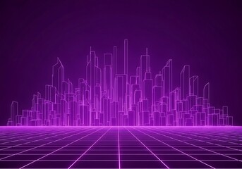 Futuristic Neon Cityscape Grid Wireframe Buildings Violet.