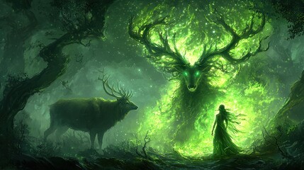 Obraz premium Mystical Forest Scene with Glowing Green Tree and Deer in Fantasy Art Style