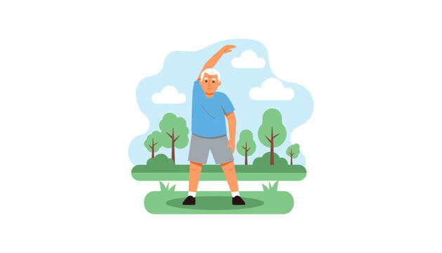 Elderly man stretching in park with trees and blue sky