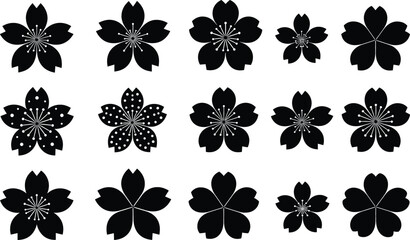 Set of black floral silhouette icons with sakura flower shapes decorative botanical symbols isolated on white background © sumi