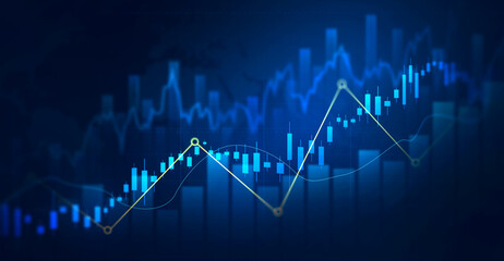 Digital finance background showing trading, investment growth, profit analysis and economic data.Stock market chart with candlestick bars and rising trend line. 