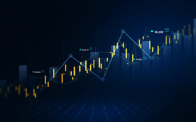 Digital finance background showing trading, investment growth, profit analysis and economic data.Stock market chart with candlestick bars and rising trend line. 