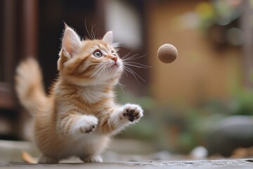 Obraz premium Funny pet video shows cat playing with ball in outdoor setting during daytime