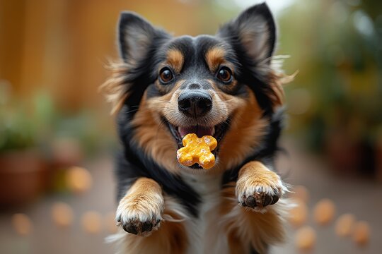 Dog catches treat in mid-air during a playful moment in a backyard setting captured in slow motion