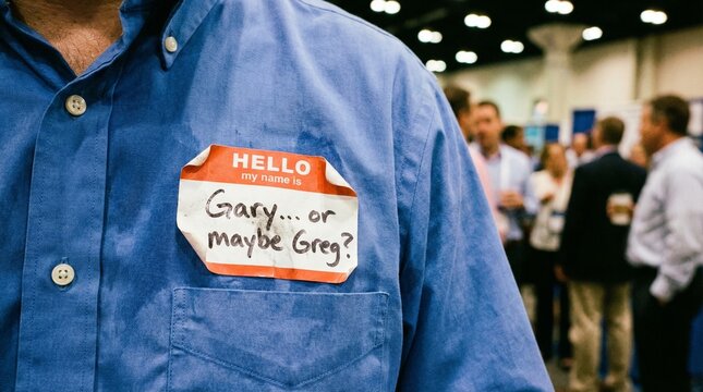 Close Up of Peeling Name Tag Sticker on Shirt with Bad Handwriting - Networking Event Struggle Concept