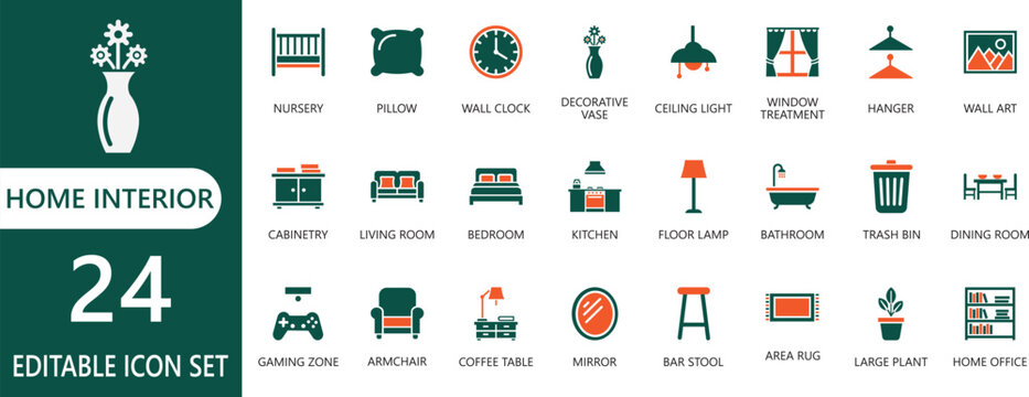 vector icons of home interior, living,  luxury,  bedroom,   and smart home styling for web and app.