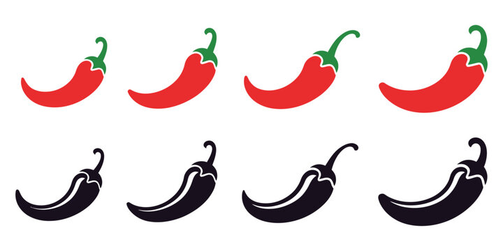 Chili pepper vector icon collection, spicy and hot food symbols, red pepper outline and solid illustrations, editable vector set, flat and stroke style