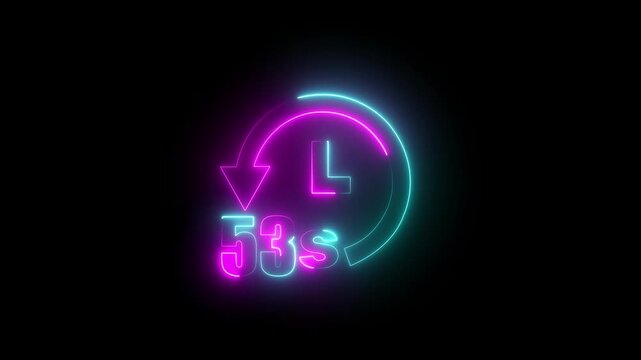 Glowing neon line 53 seconds countdown timer. 1 minutes countdown animation with refreshing arrow. stopwatch concept on a transparent background.
