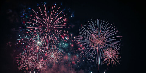 Obraz premium Colorful Fireworks Celebration Background in Night Sky with Sparkling Light Trails, Festive Explosion Display, Holiday Party Event Concept, New Year, Birthday and Global Festival Theme.