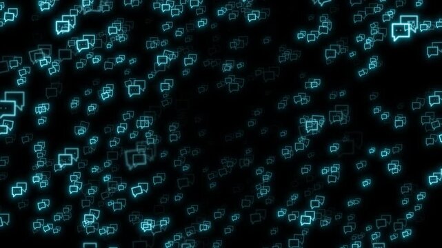 Floating Blue Chat Bubble Icons on Black Background &ndash; Digital Messaging Seamless Loop Animation