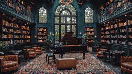 Obraz premium Elegant Vintage Library Room with Grand Piano and Classic Leather Armchairs in Luxurious Interior