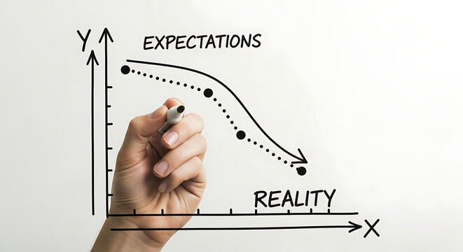 Businessman drawing expectations vs reality graph with marker on whiteboard