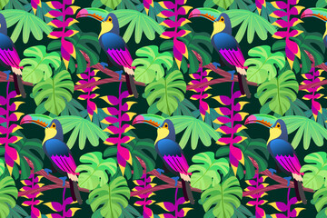 Seamless Tropical Jungle Pattern with Toucan and Leaves