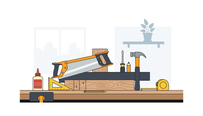 Variety of tools on a workbench for DIY projects and home improvement