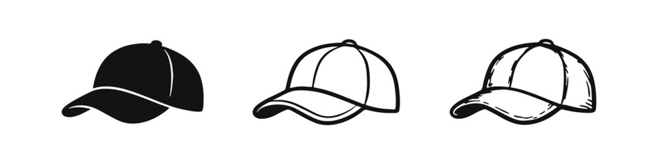Baseball Cap Icons Set: Sportswear Hat Silhouette, Outline, and Hand-Drawn Styles © drawing lines
