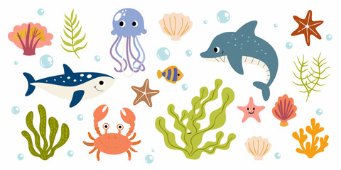 Colorful cartoon illustration of various sea creatures and marine life © Sunil123