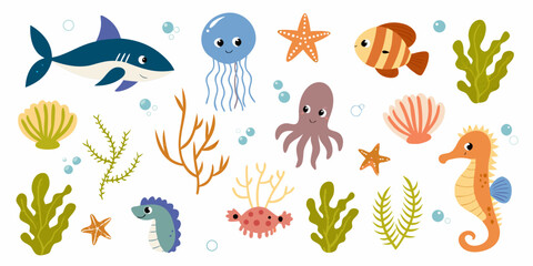 Colorful cartoon illustration of various sea creatures and underwater plants © Sunil123