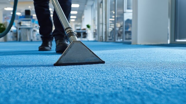 Professional worker cleaning blue carpet in a modern office with industrial steam cleaner extraction equipment