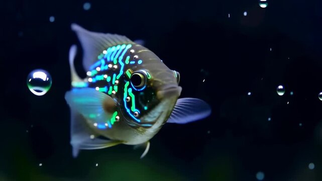 Electric blue acara fish swimming elegantly in a dark water tank with floating bubbles beautiful underwater life
