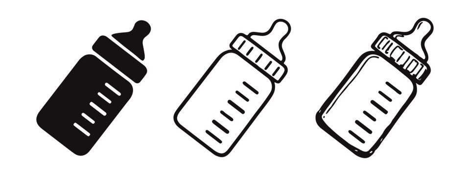 Baby Milk Feeding Bottle Icon Set in Solid, Outline, and Sketch Styles