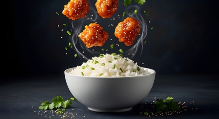Deliciously Glazed Korean Fried Chicken Bites Falling Onto a Bowl of Steamed White Rice