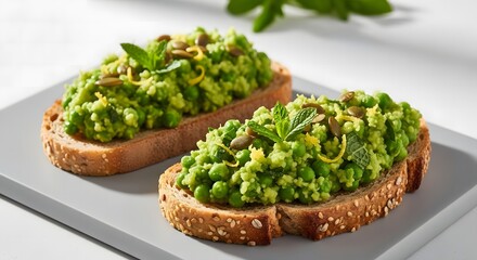Healthy Toasted Bread Topped With Mashed Green Peas, Mint Leaves, and Lemon Zest