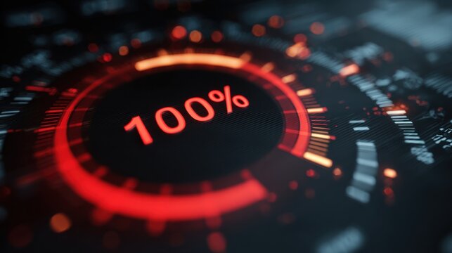 Futuristic Digital Dashboard Displaying Progress at One Hundred Percent Completion in Vibrant Red and Orange Colors