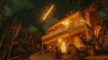 Fototapeta premium Elegant Two-story House with Warm Lighting Surrounded by Tropical Plants at Night Under Shooting Star