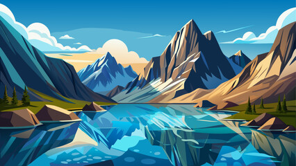 Fototapeta premium A small alpine lake surrounded by high rocky mountain slopes smooth reflective water under clear sky clean minimal vector illustration flat design uncluttered peaceful composition