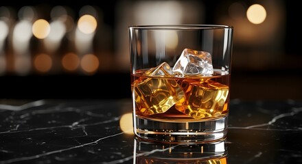 A close-up, well-lit shot of a glass of amber whiskey with ice cubes on a dark, reflective surface.