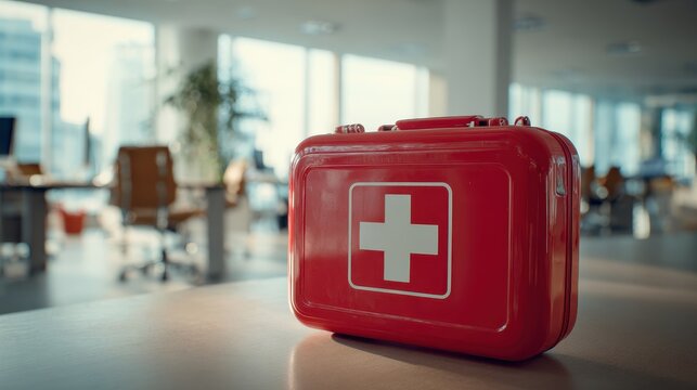 Red first aid kit on a desk in a blurred modern office background