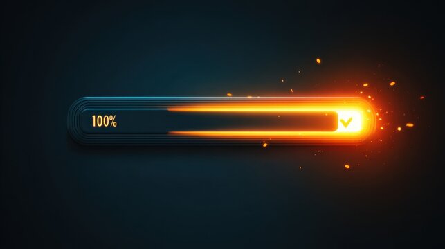 Progress Bar Completion with Sparks and Bright Light Against Dark Background, Illustration of Digital Loading Indicator
