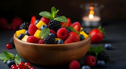 A Vibrant Bowl of Fresh Mixed Berries and Mango Garnished with Mint Leaves, Illuminated by Soft Candlelight