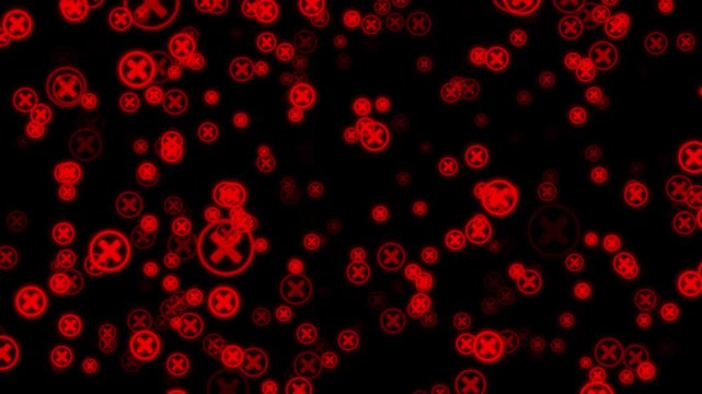 Glowing Red Cross Mark Icons Falling &ndash; Cyber Security Threat, System Error, and Access Denied Abstract Motion Graphics Background
