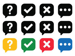 Communication bubble icons featuring question mark, check mark, cross, and dots symbols, outline, solid, and color styles, editable vector set, modern chat and messaging concept