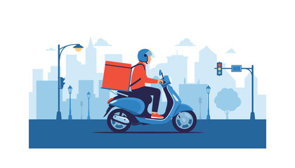Delivery rider on scooter in city with large orange package