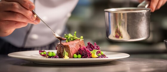 The Seared Steak Being Carefully Sauced and Garnished on a White Plate