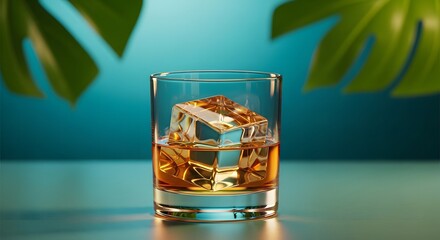 A Still Life of a Glass of Whiskey with Large Ice Cubes and Tropical Leaves on a Teal Background