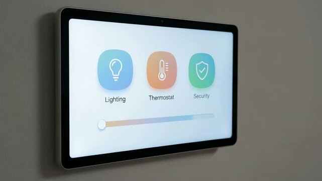 A user interacts with a smart home control panel displaying options for lighting, thermostat, and security. The panel shows adjustable settings and visual icons
