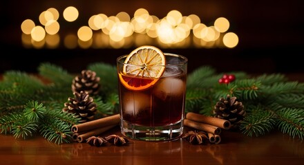 Festive Holiday Cocktail with Orange Slice, Cinnamon Sticks, and Pine Branches