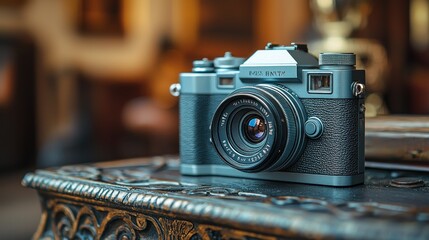 Vintage Black Camera Sitting on Ornate Wooden Surface in Warm Indoor Setting