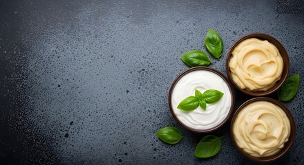 Three bowls of creamy dips, including white and yellow varieties, garnished with fresh basil leaves on a dark textured surface.