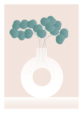 Minimalist boho vector illustration of a modern white donut vase with green eucalyptus branches against a soft pastel beige background.