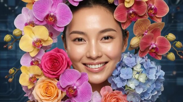 Close Up of Asian Woman Smiling with Flowers on Blue Digital Circuit Board 4K