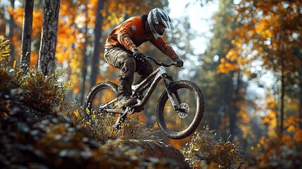 Naklejka premium Mountain Biker Wearing Helmet and Bright Orange Jacket Riding Down Forest Trail in Autumn