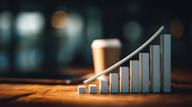 Business Growth Concept with Increasing Graph Chart and Coffee Cup on Wooden Table in Modern Office Environment