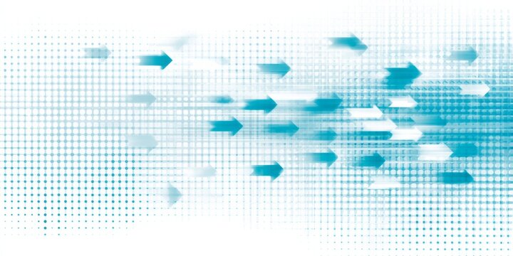 Multiple blue arrows move forward on a dotted background.