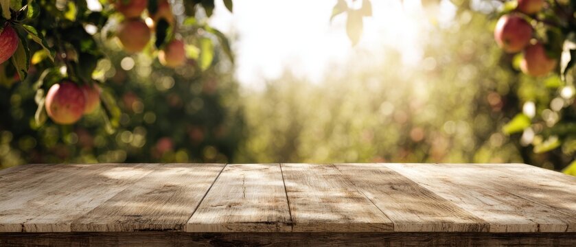 The Wooden Tabletop in a Sunlit Apple Orchard with a Bokeh Background