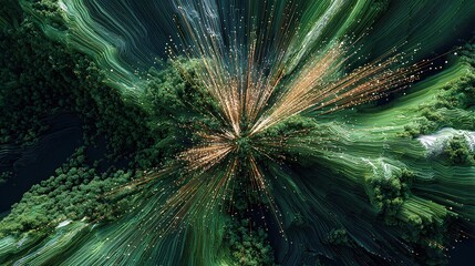 Fototapeta premium Aerial View of a Forest with Artistic Light Burst: The verdant landscape of a sprawling forest comes alive with an explosion of radiant light trails, forming a captivating spectacle.